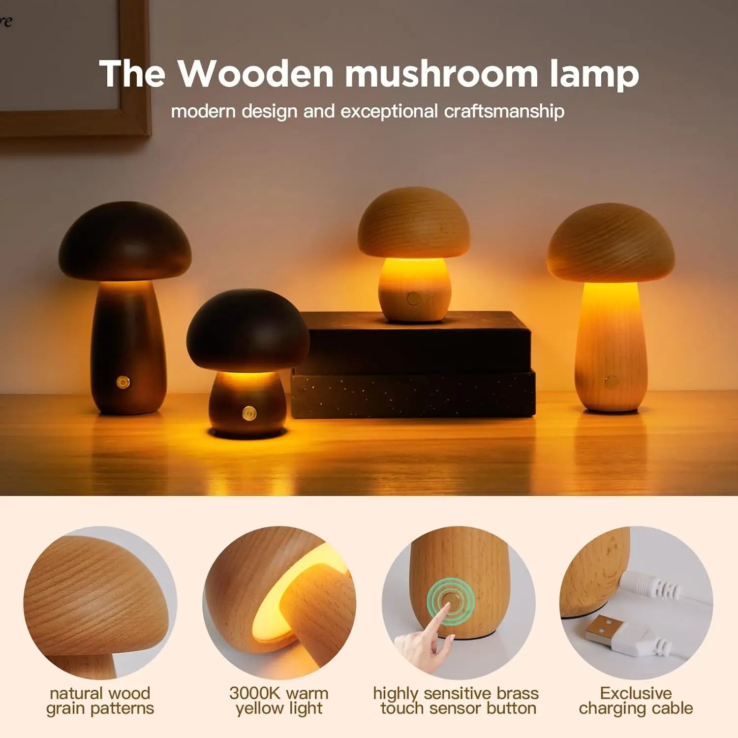 Mushroom LED Table Lamp Touch Dimming USB Charging Night Light for Bedroom/Desk/Coffee Bar Decorative Ambient Night Lighting